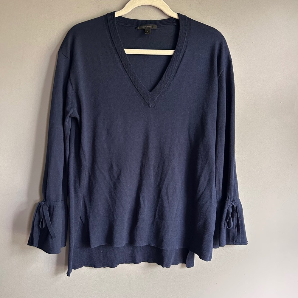 J.Crew‎ Womens Navy Blue 100% Merino Wool V-Neck Tie Bell Sleeve Sweater M
